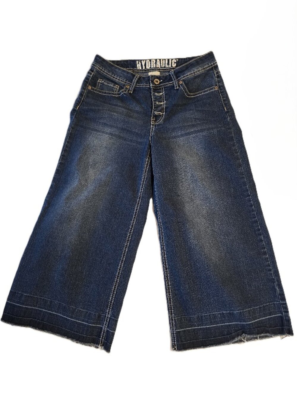 Hydraulic Button Fly Wide Leg Crop Jeans Raw Hem High Rise Mid Wash Size 6